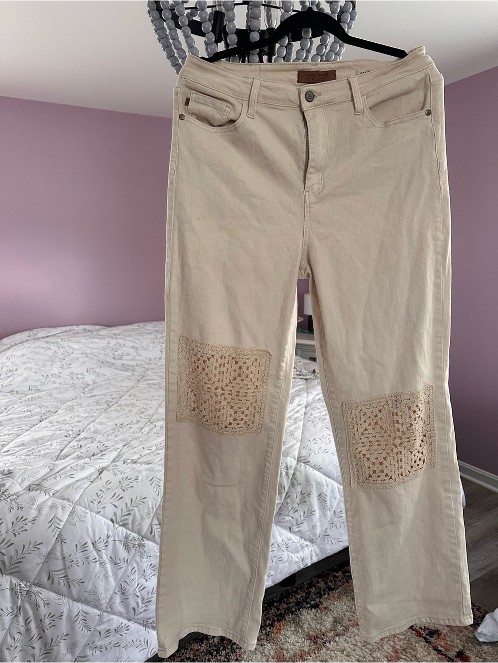Judy Blue Cream Straight-Leg Jeans with Crochet Knee Patches